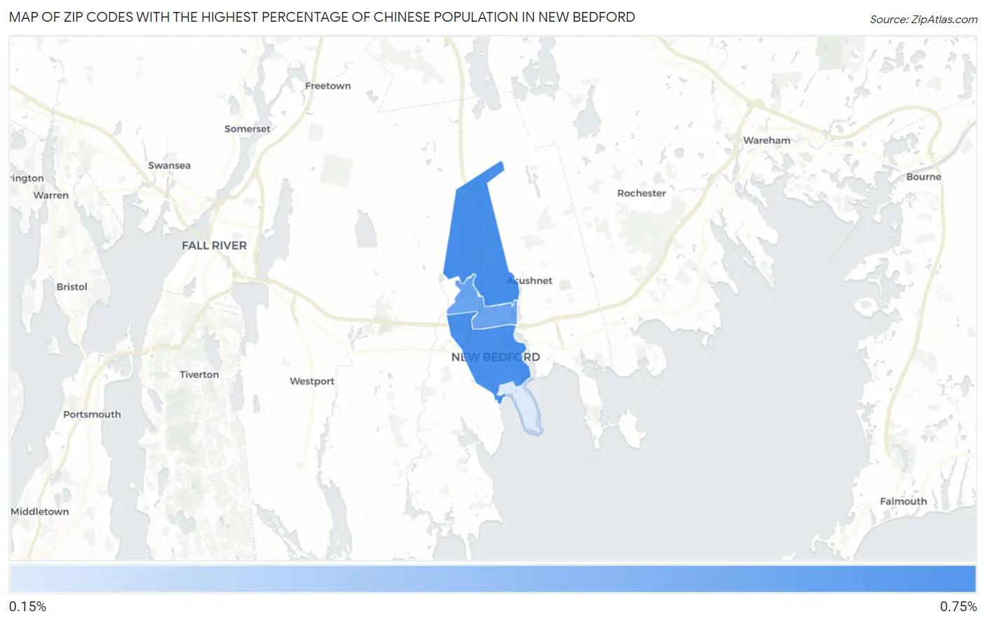 Zip Codes with the Highest Percentage of Chinese Population in New Bedford Map