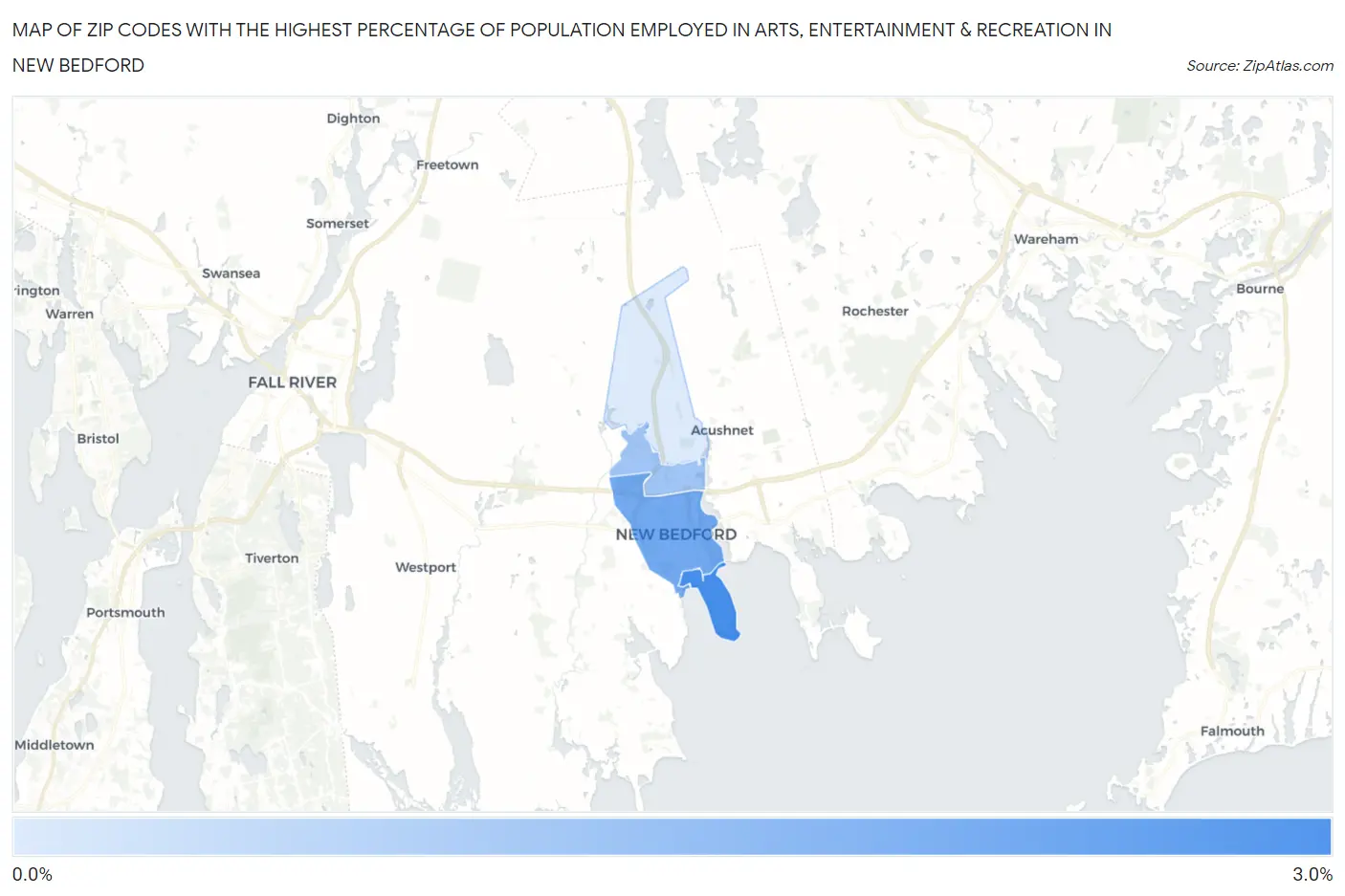 Zip Codes with the Highest Percentage of Population Employed in Arts, Entertainment & Recreation in New Bedford Map