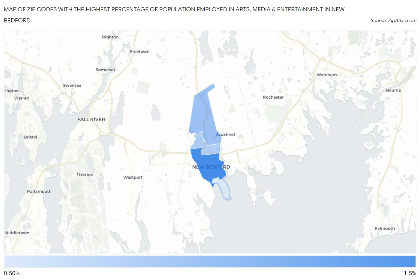 Zip Codes with the Highest Percentage of Population Employed in Arts, Media & Entertainment in New Bedford Map