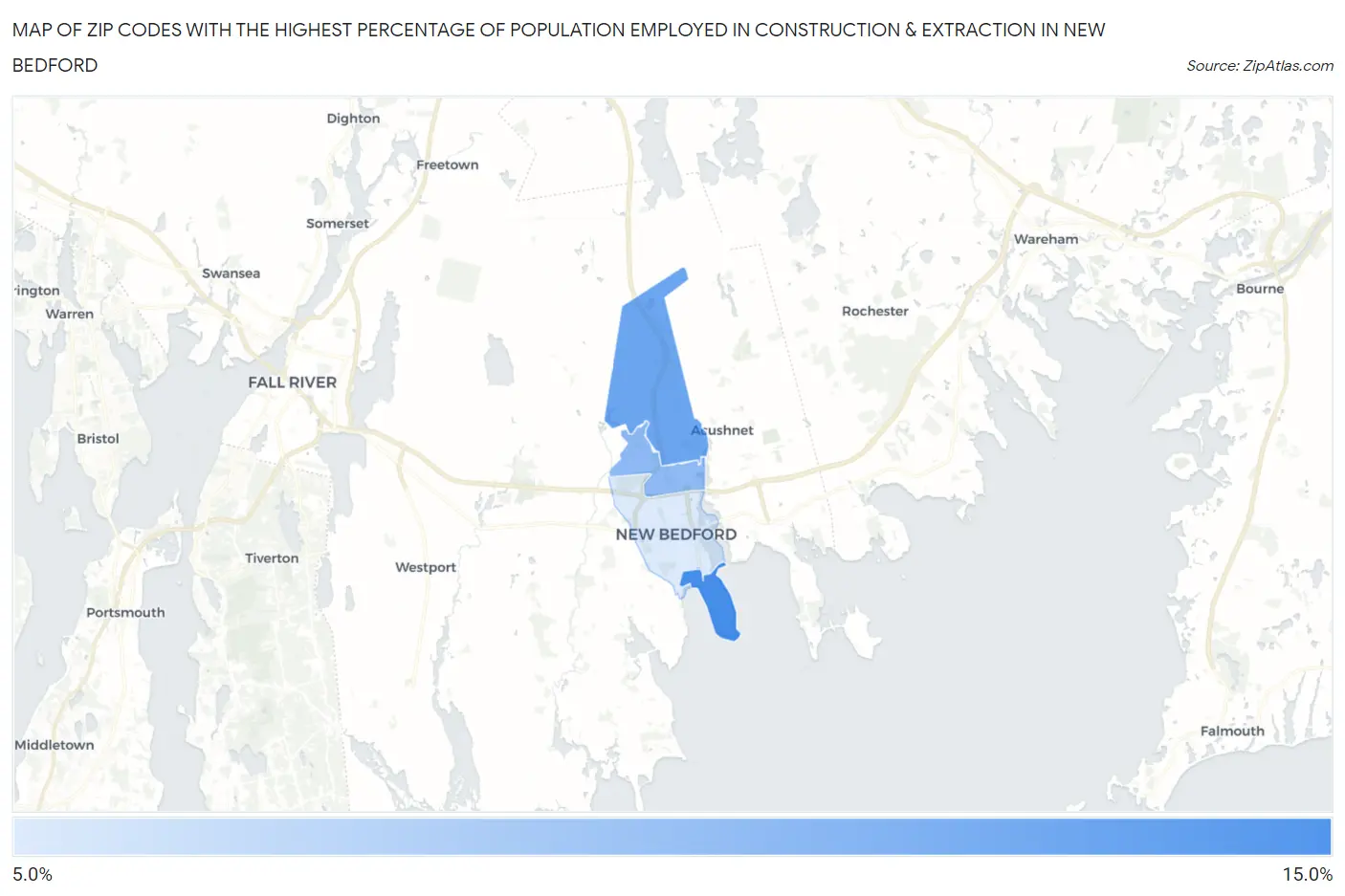 Zip Codes with the Highest Percentage of Population Employed in Construction & Extraction in New Bedford Map