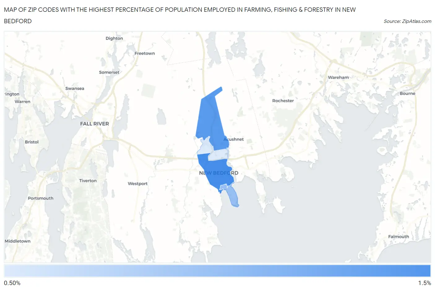 Zip Codes with the Highest Percentage of Population Employed in Farming, Fishing & Forestry in New Bedford Map