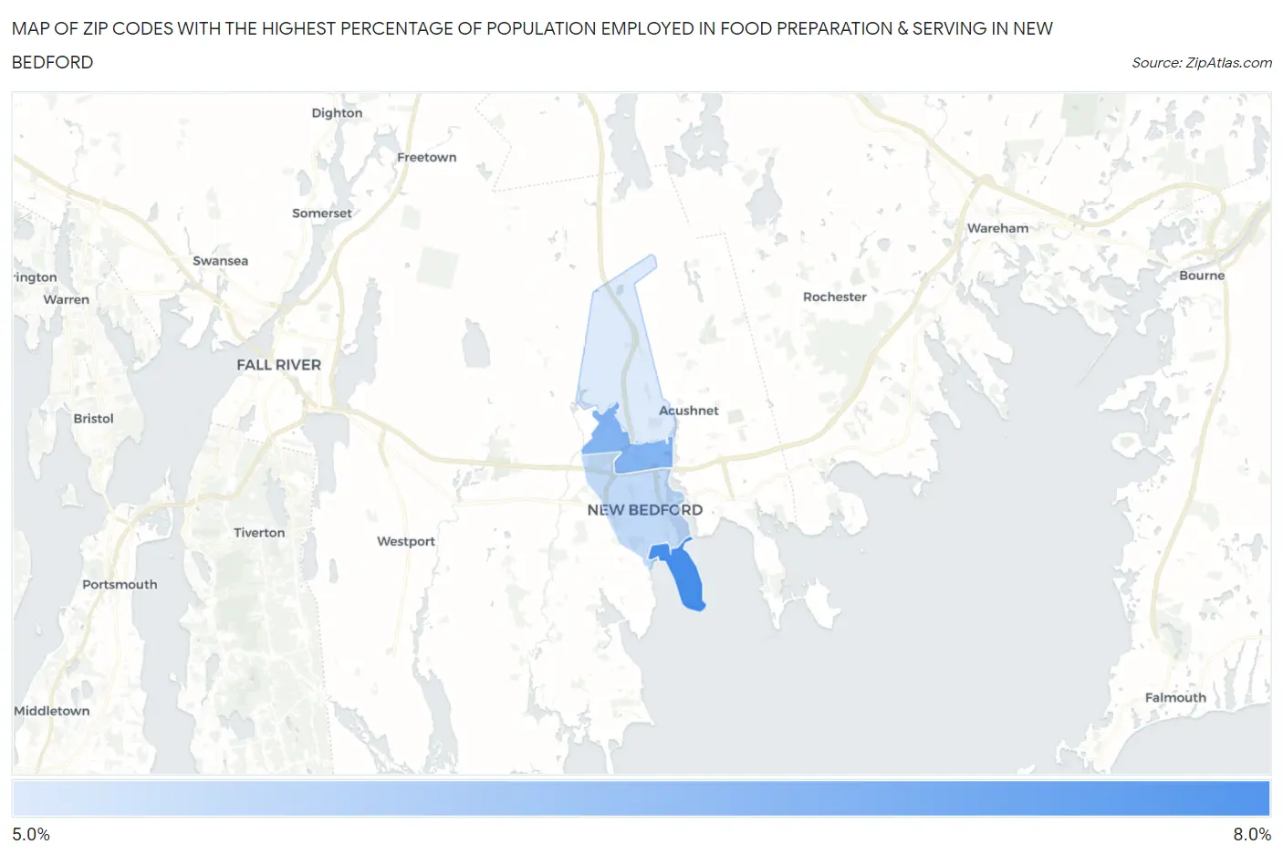Zip Codes with the Highest Percentage of Population Employed in Food Preparation & Serving in New Bedford Map