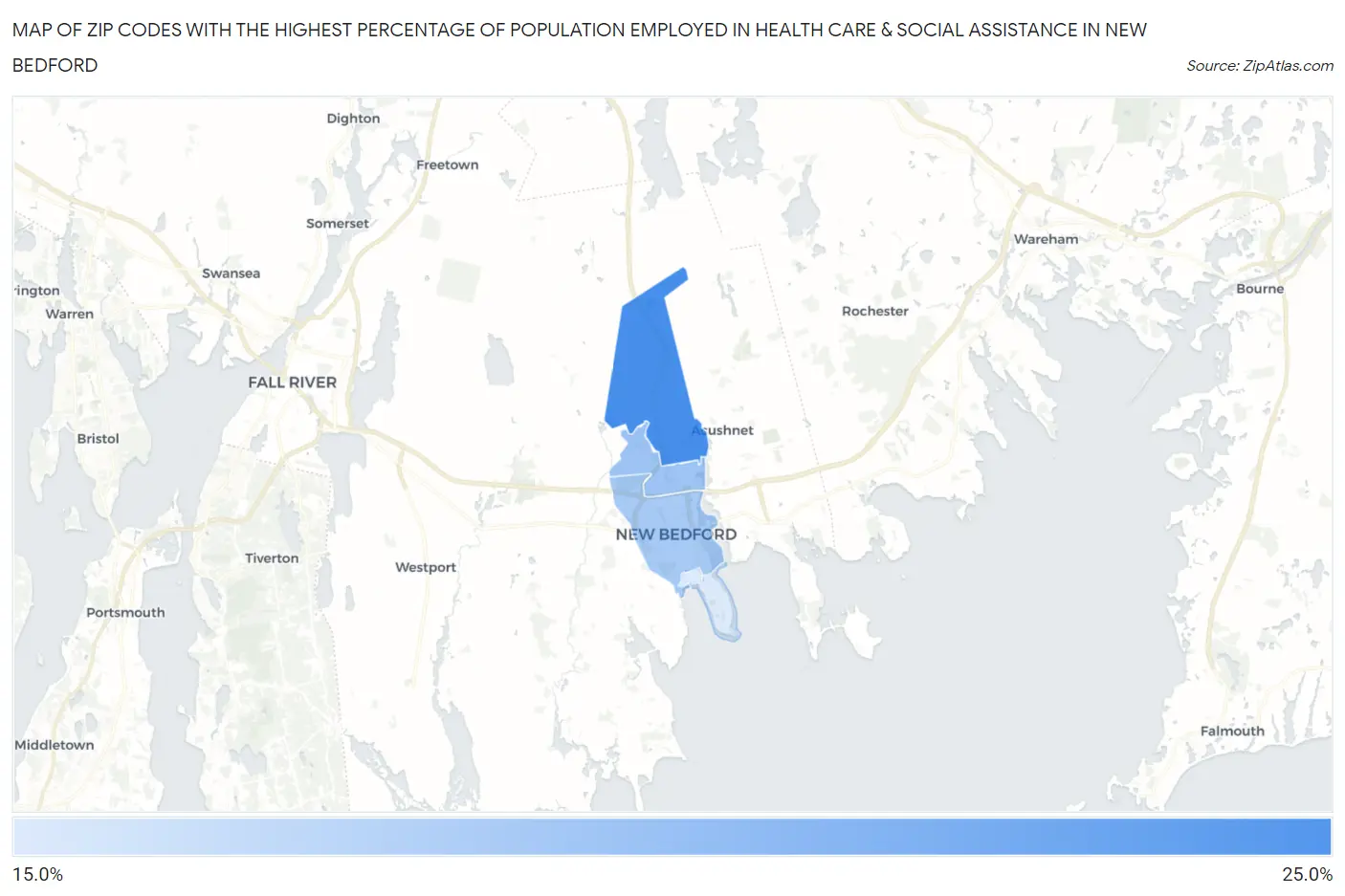 Zip Codes with the Highest Percentage of Population Employed in Health Care & Social Assistance in New Bedford Map