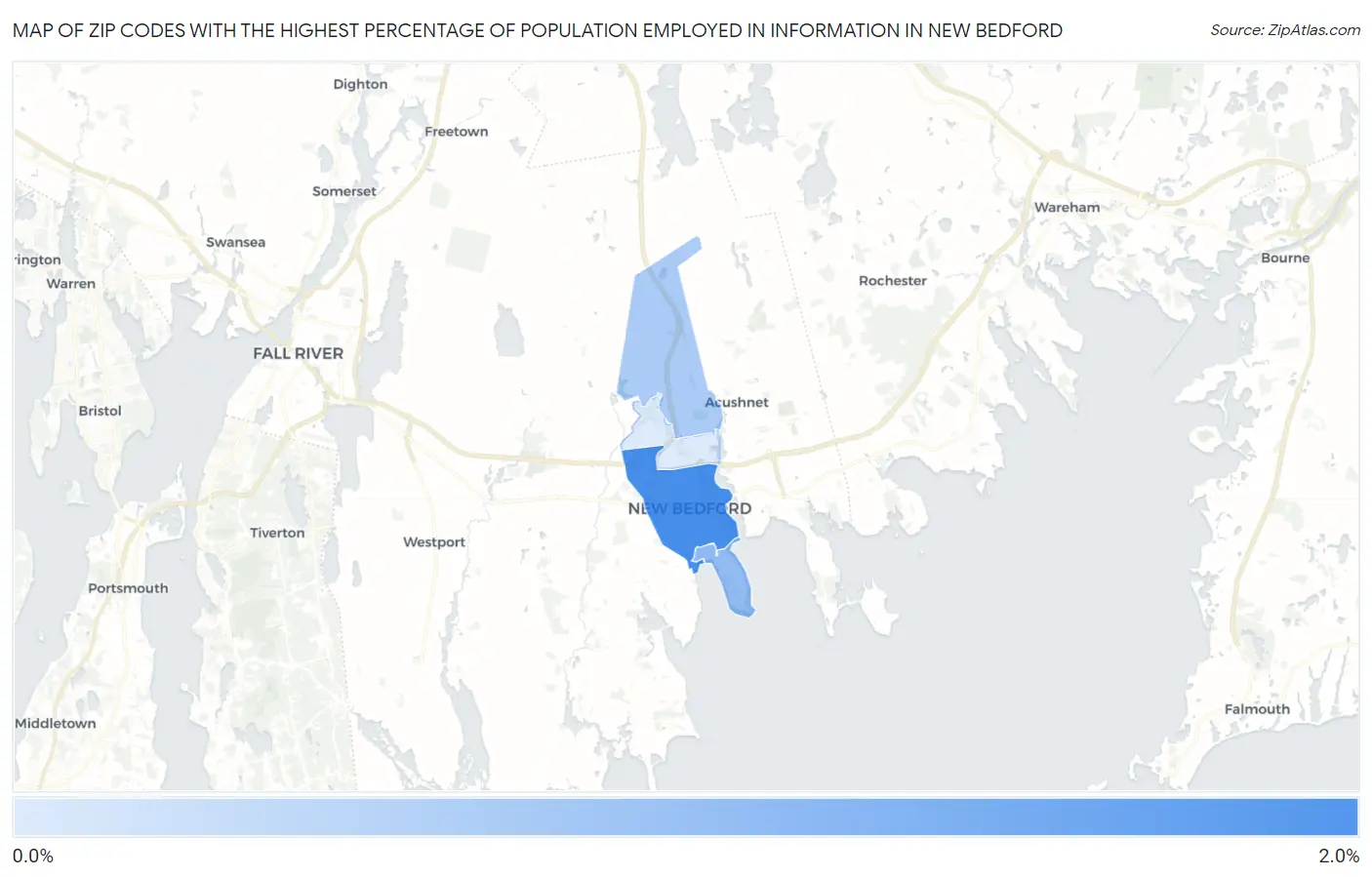 Zip Codes with the Highest Percentage of Population Employed in Information in New Bedford Map