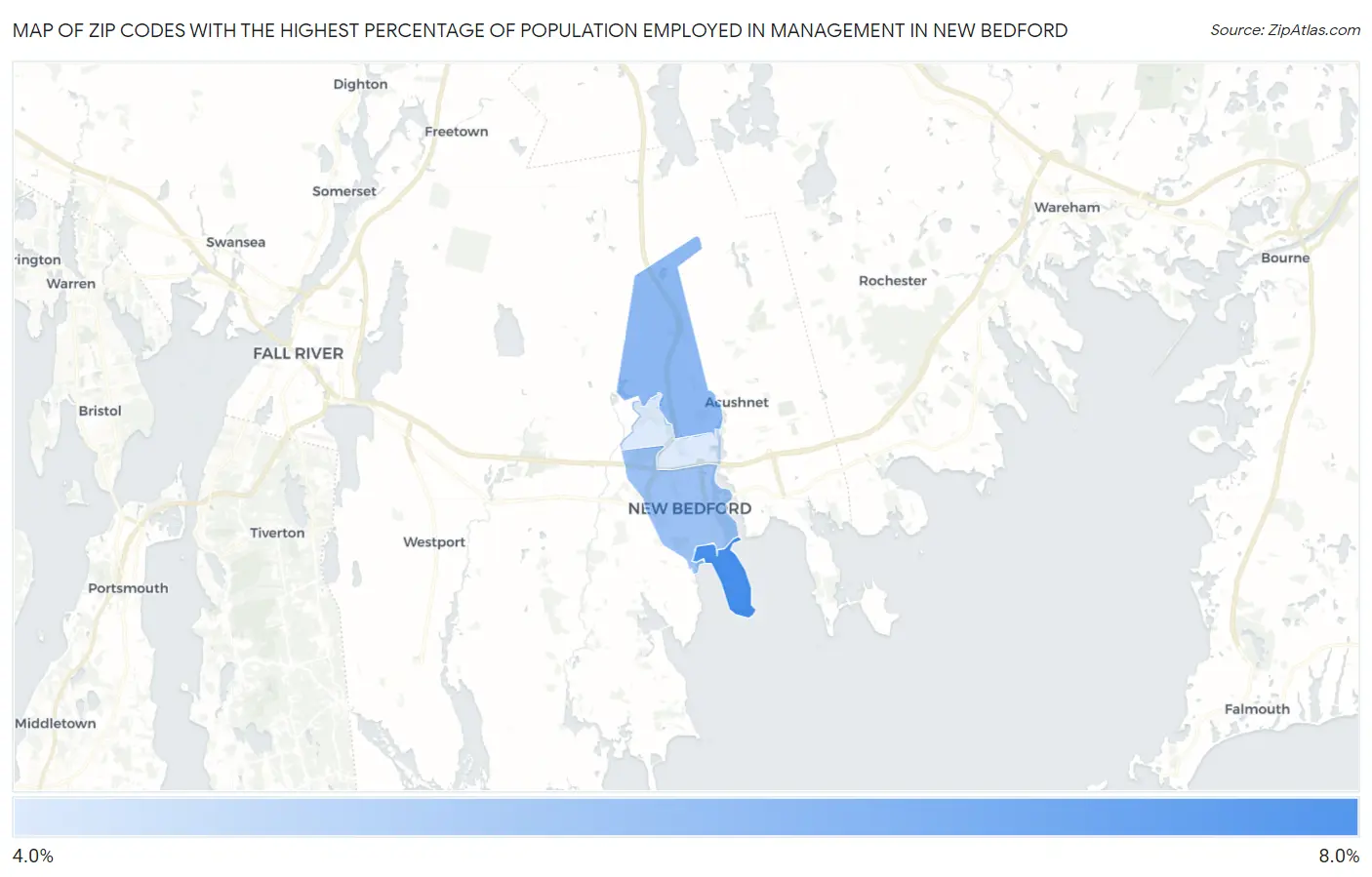 Zip Codes with the Highest Percentage of Population Employed in Management in New Bedford Map