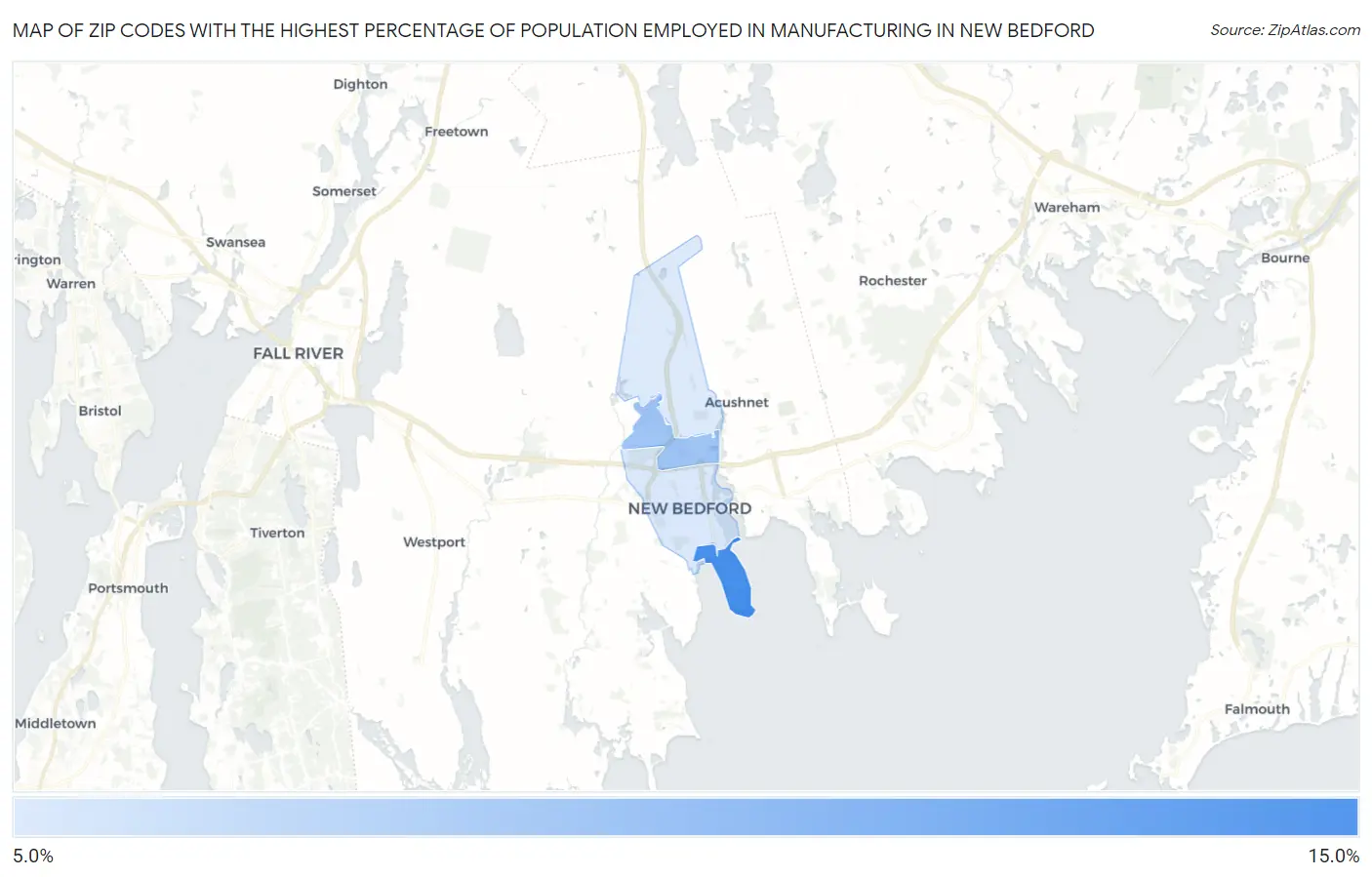 Zip Codes with the Highest Percentage of Population Employed in Manufacturing in New Bedford Map