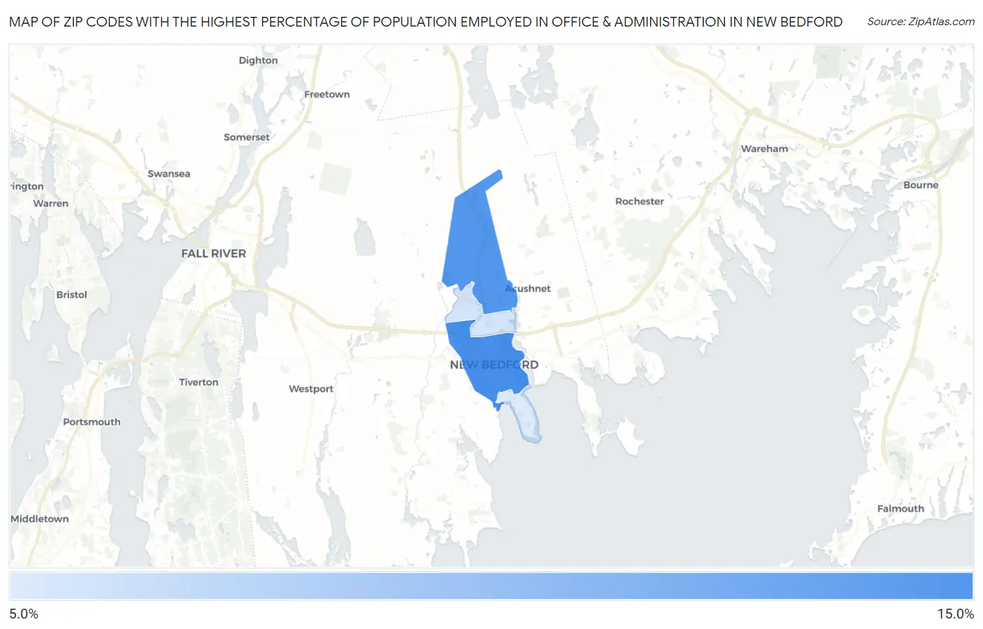 Zip Codes with the Highest Percentage of Population Employed in Office & Administration in New Bedford Map