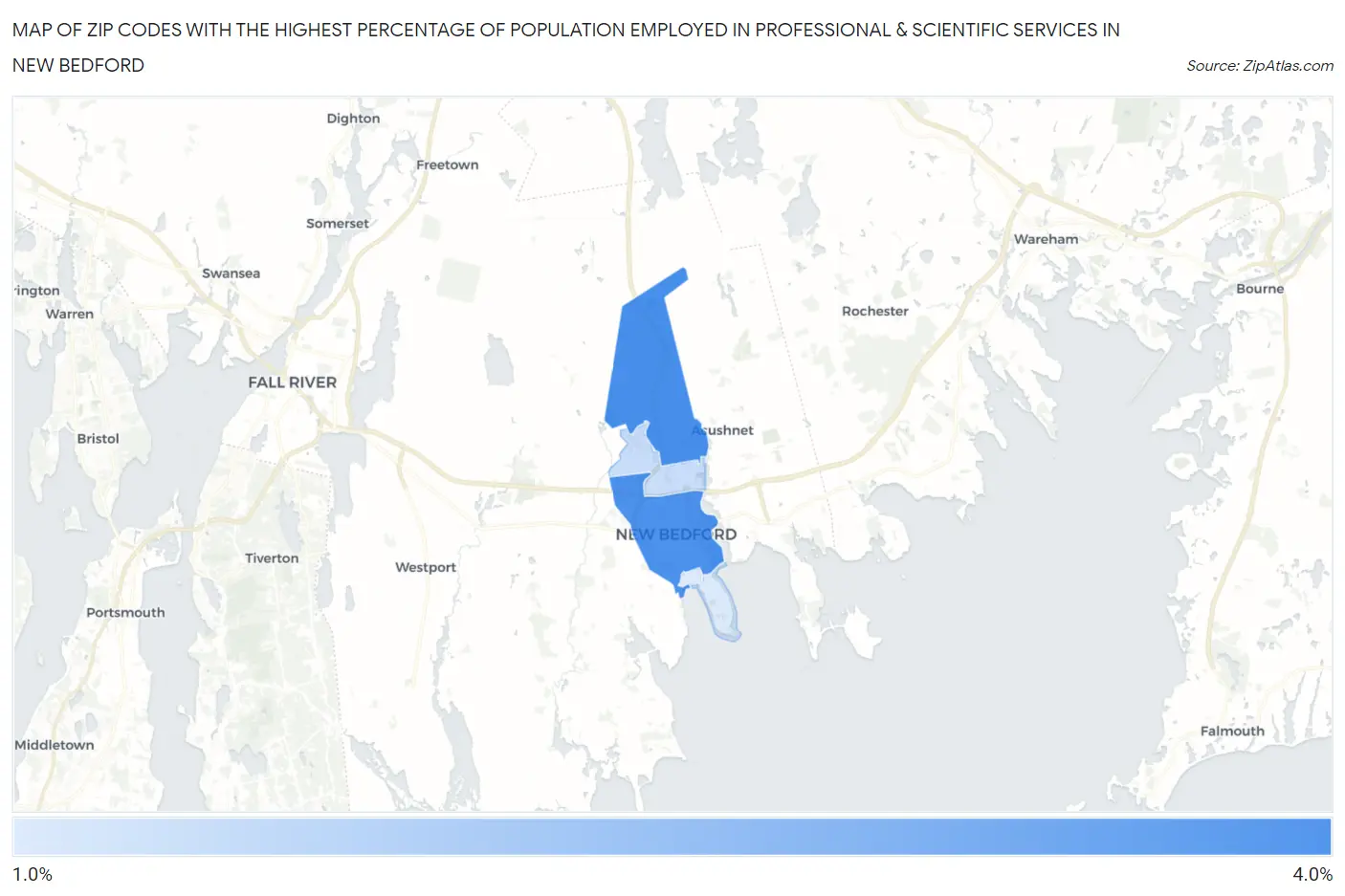 Zip Codes with the Highest Percentage of Population Employed in Professional & Scientific Services in New Bedford Map