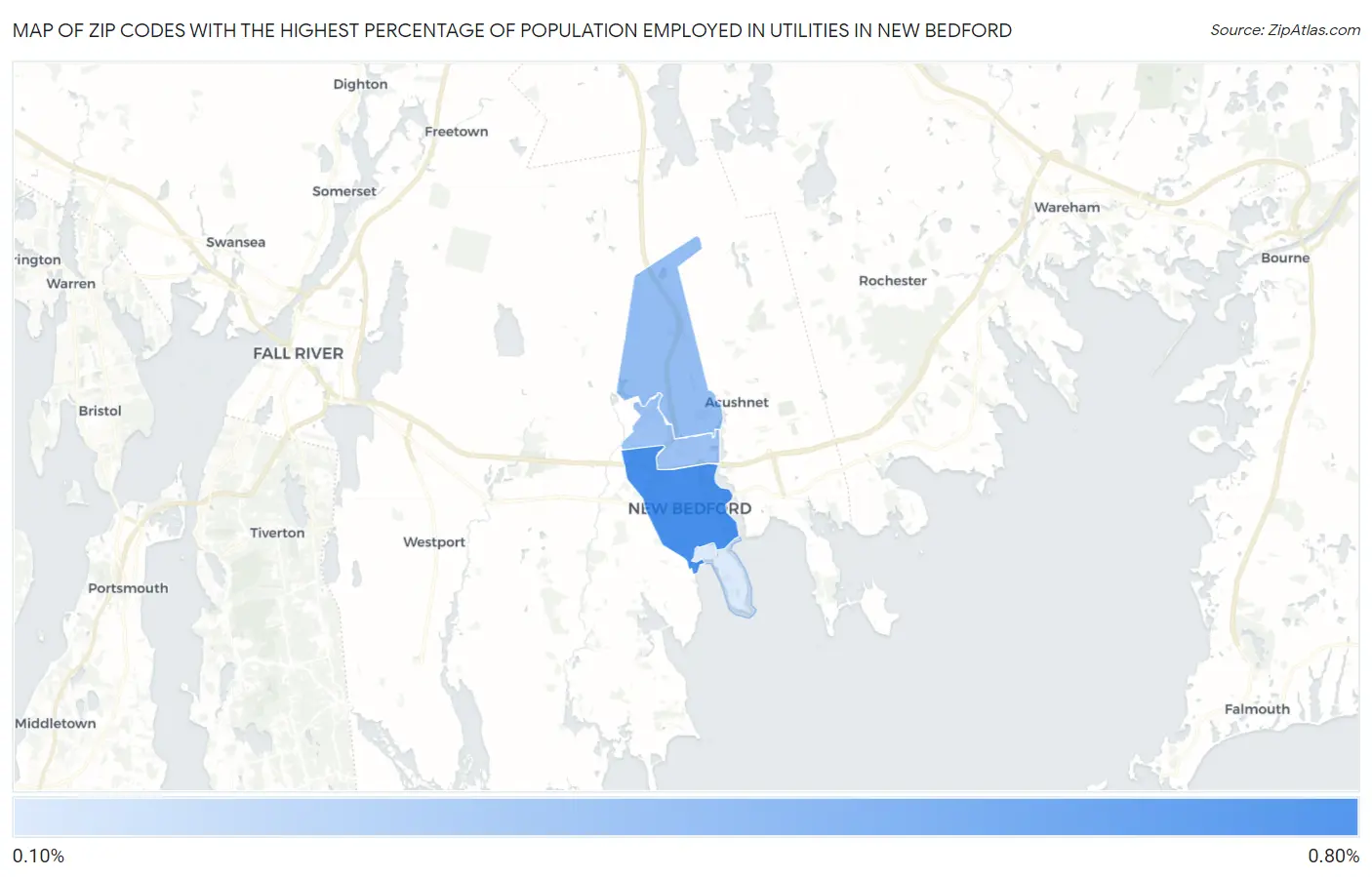Zip Codes with the Highest Percentage of Population Employed in Utilities in New Bedford Map