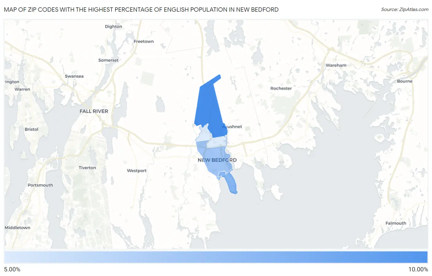 Zip Codes with the Highest Percentage of English Population in New Bedford Map