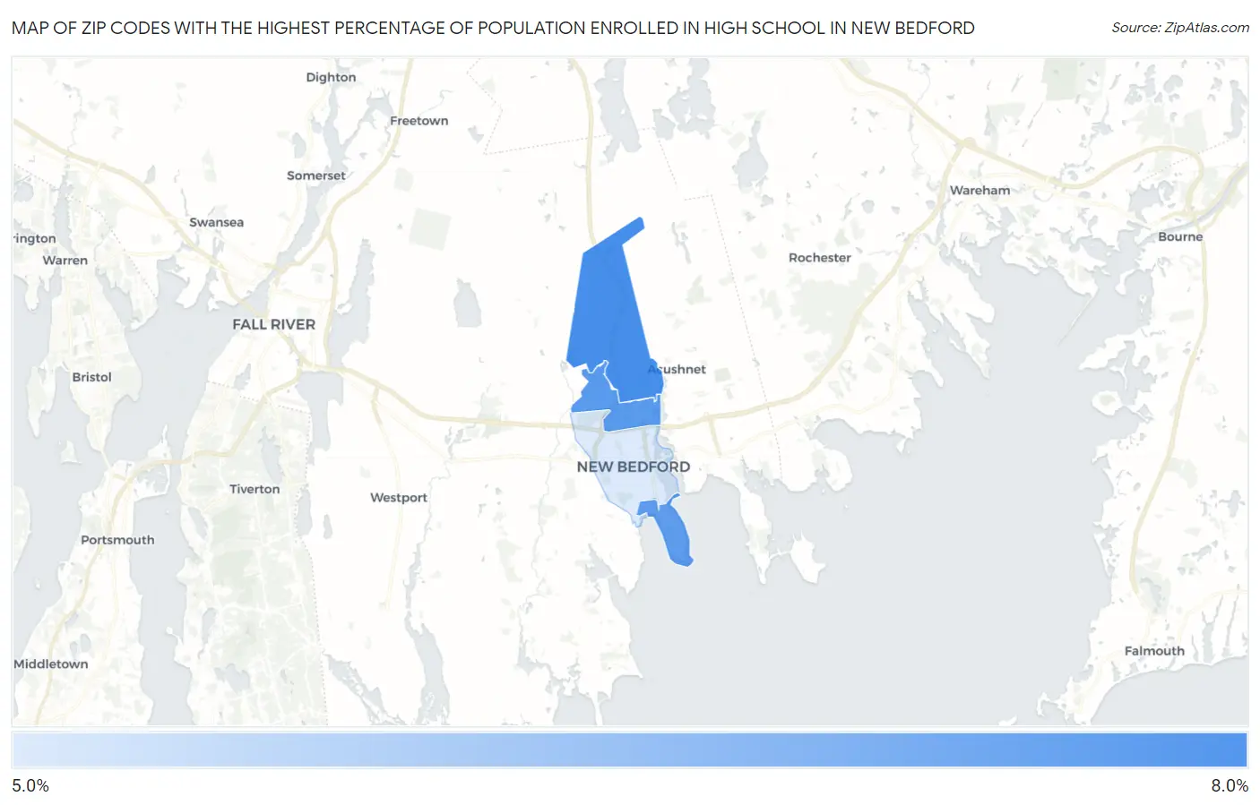 Zip Codes with the Highest Percentage of Population Enrolled in High School in New Bedford Map
