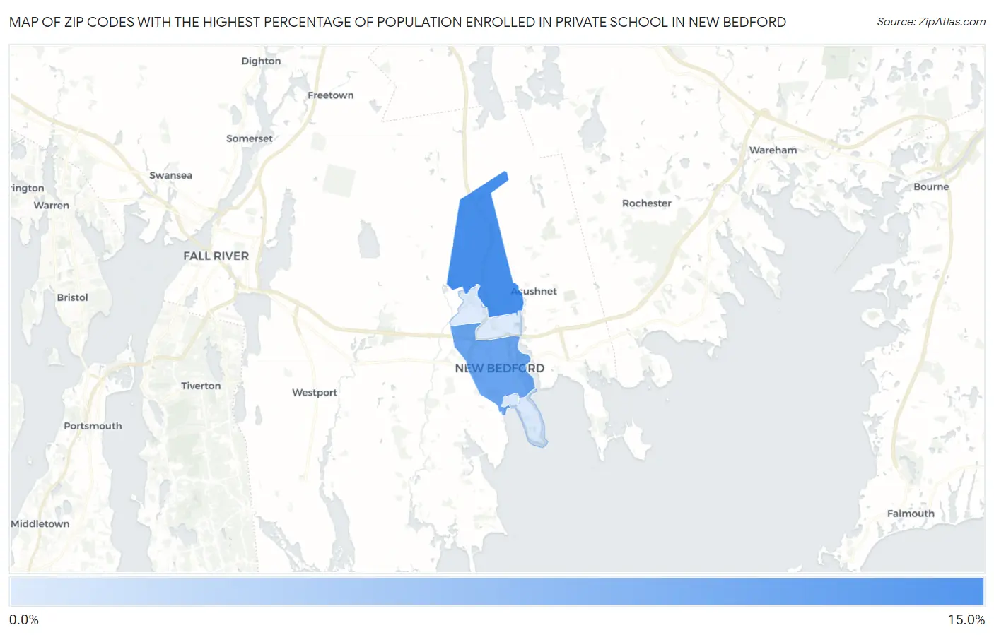 Zip Codes with the Highest Percentage of Population Enrolled in Private School in New Bedford Map