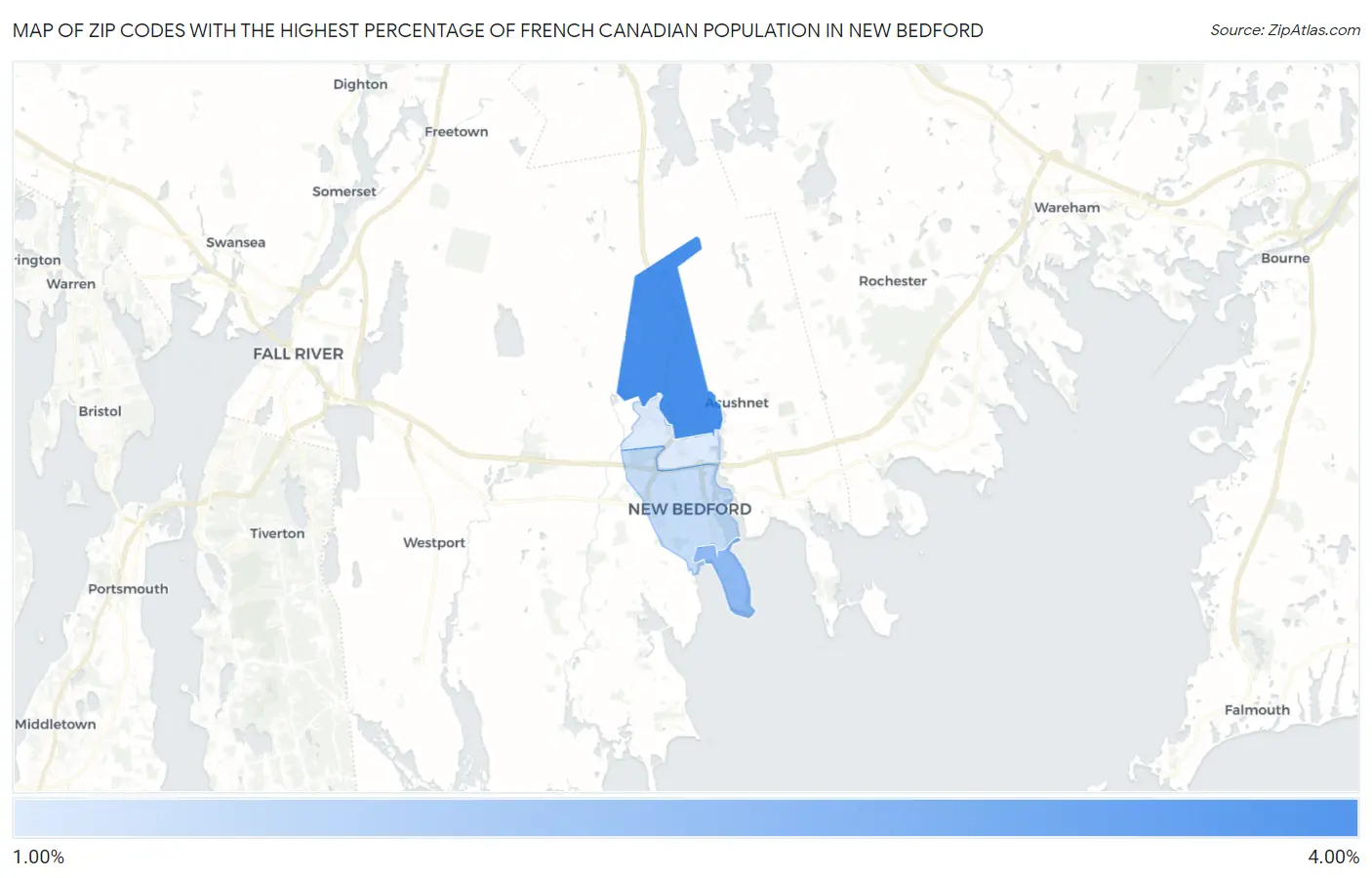 Zip Codes with the Highest Percentage of French Canadian Population in New Bedford Map