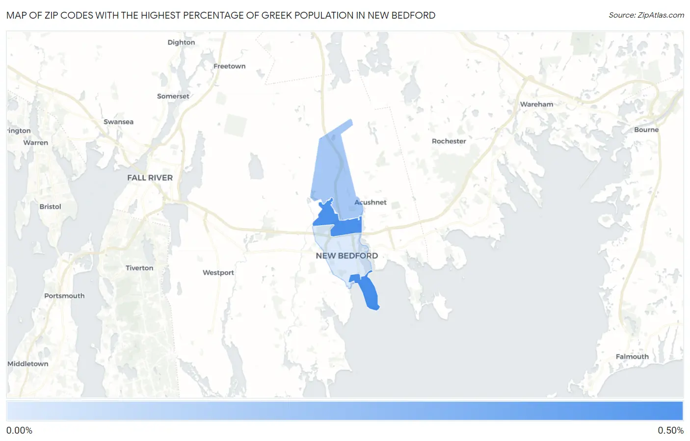 Zip Codes with the Highest Percentage of Greek Population in New Bedford Map