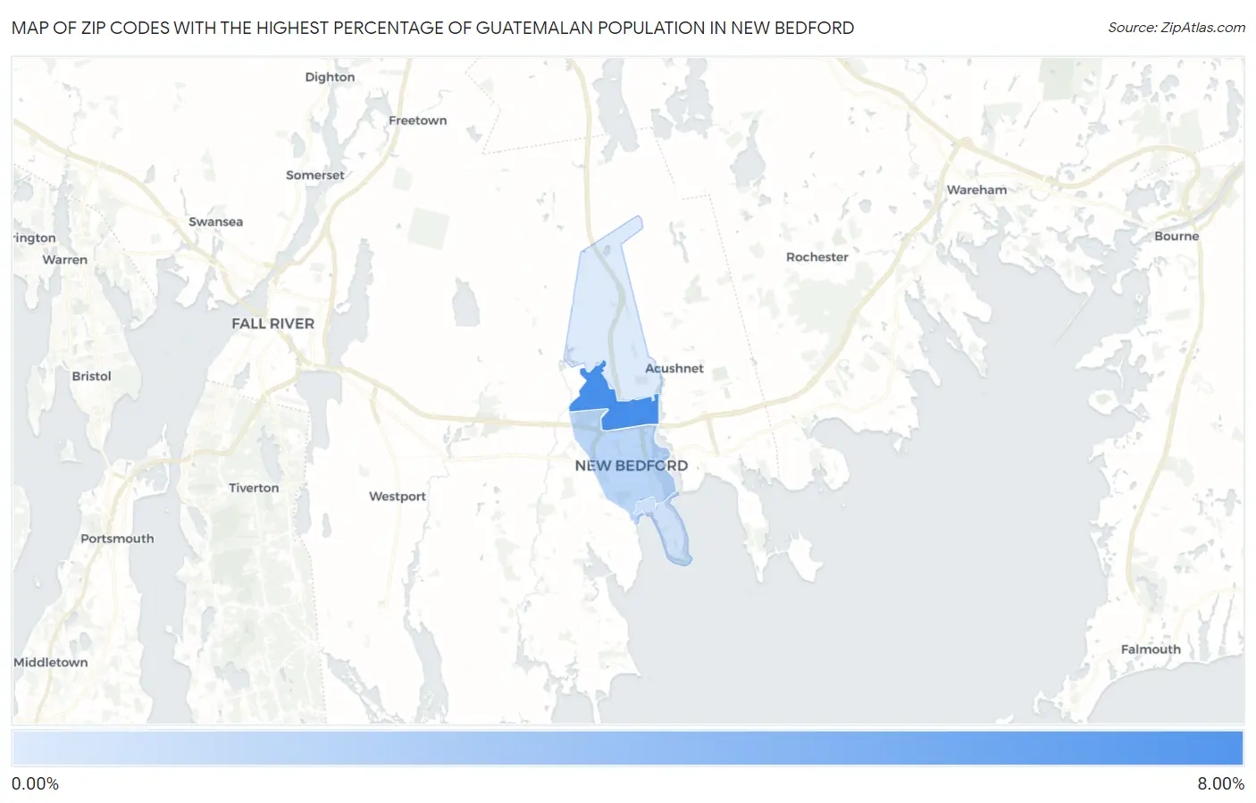 Zip Codes with the Highest Percentage of Guatemalan Population in New Bedford Map