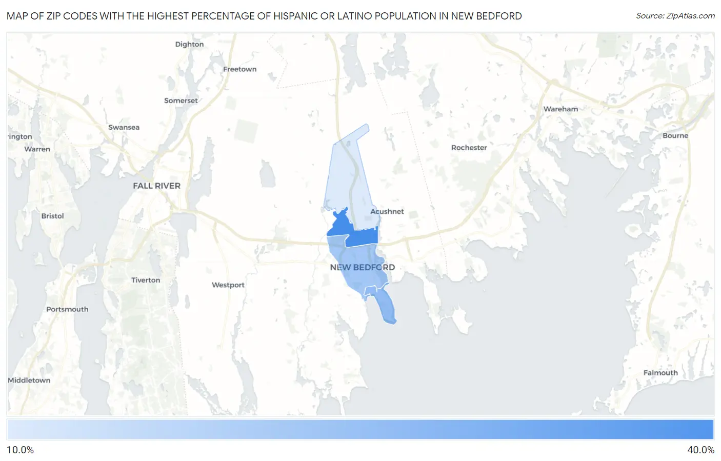 Zip Codes with the Highest Percentage of Hispanic or Latino Population in New Bedford Map