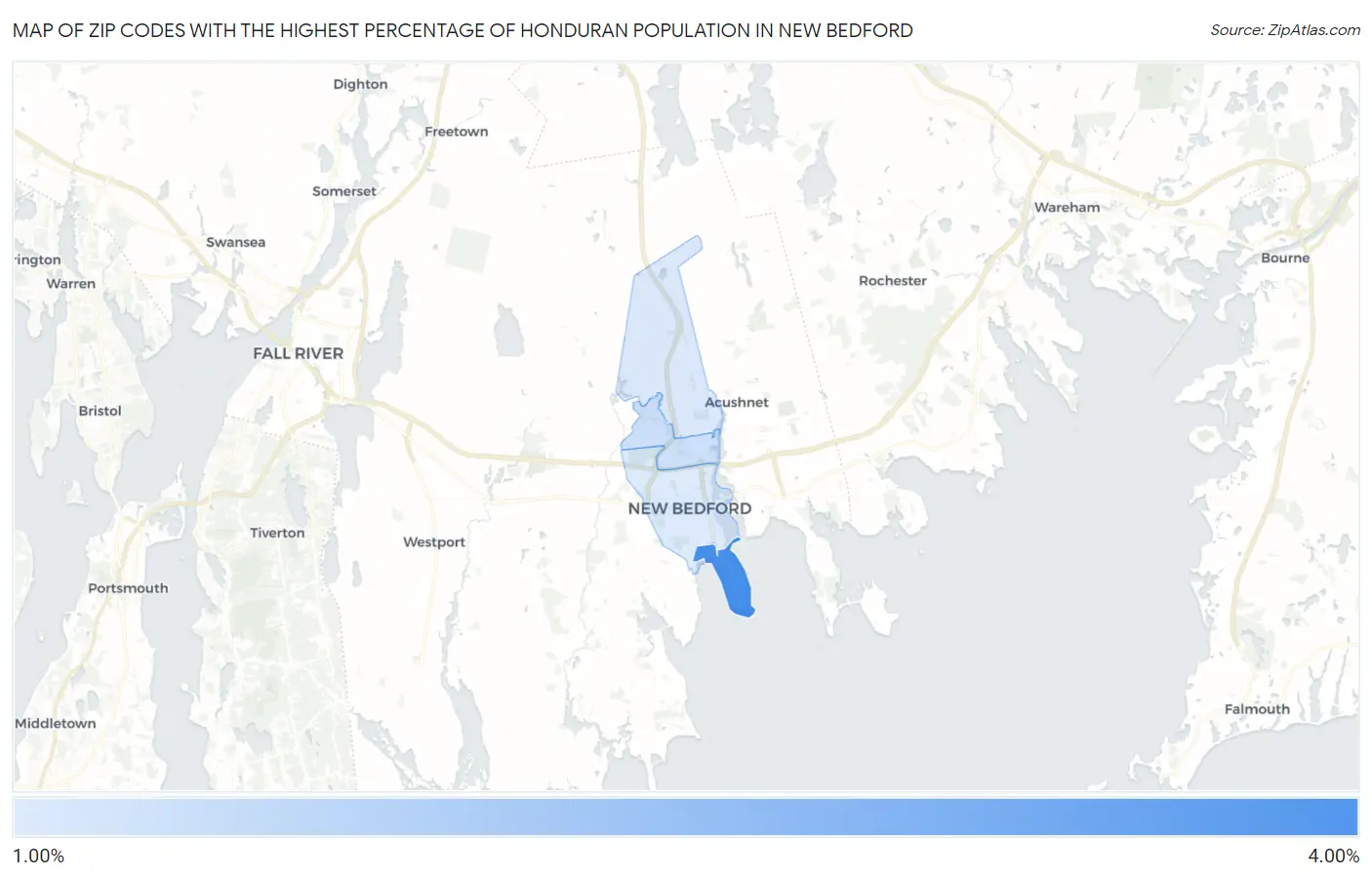 Zip Codes with the Highest Percentage of Honduran Population in New Bedford Map
