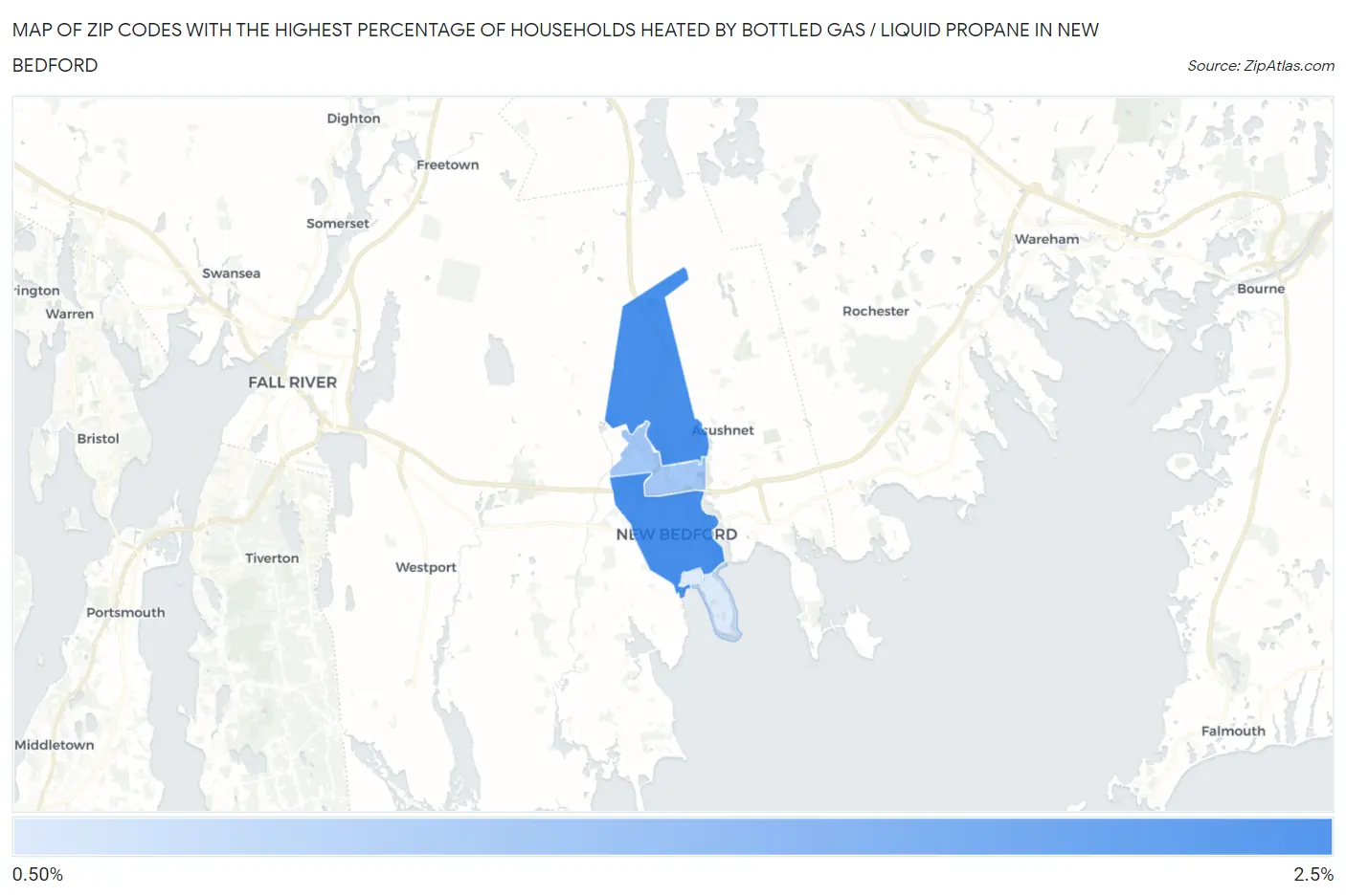 Zip Codes with the Highest Percentage of Households Heated by Bottled Gas / Liquid Propane in New Bedford Map