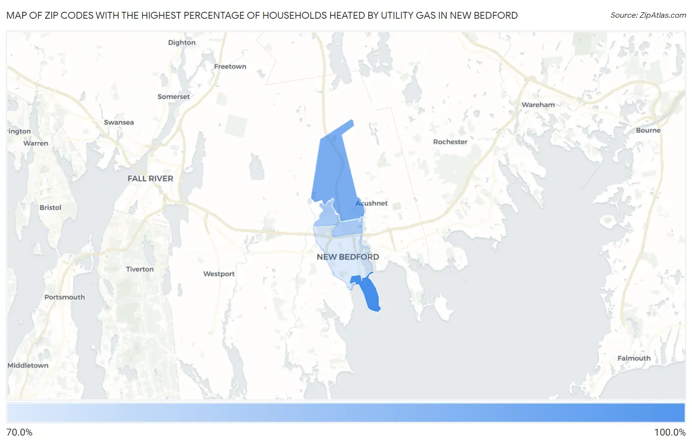 Zip Codes with the Highest Percentage of Households Heated by Utility Gas in New Bedford Map