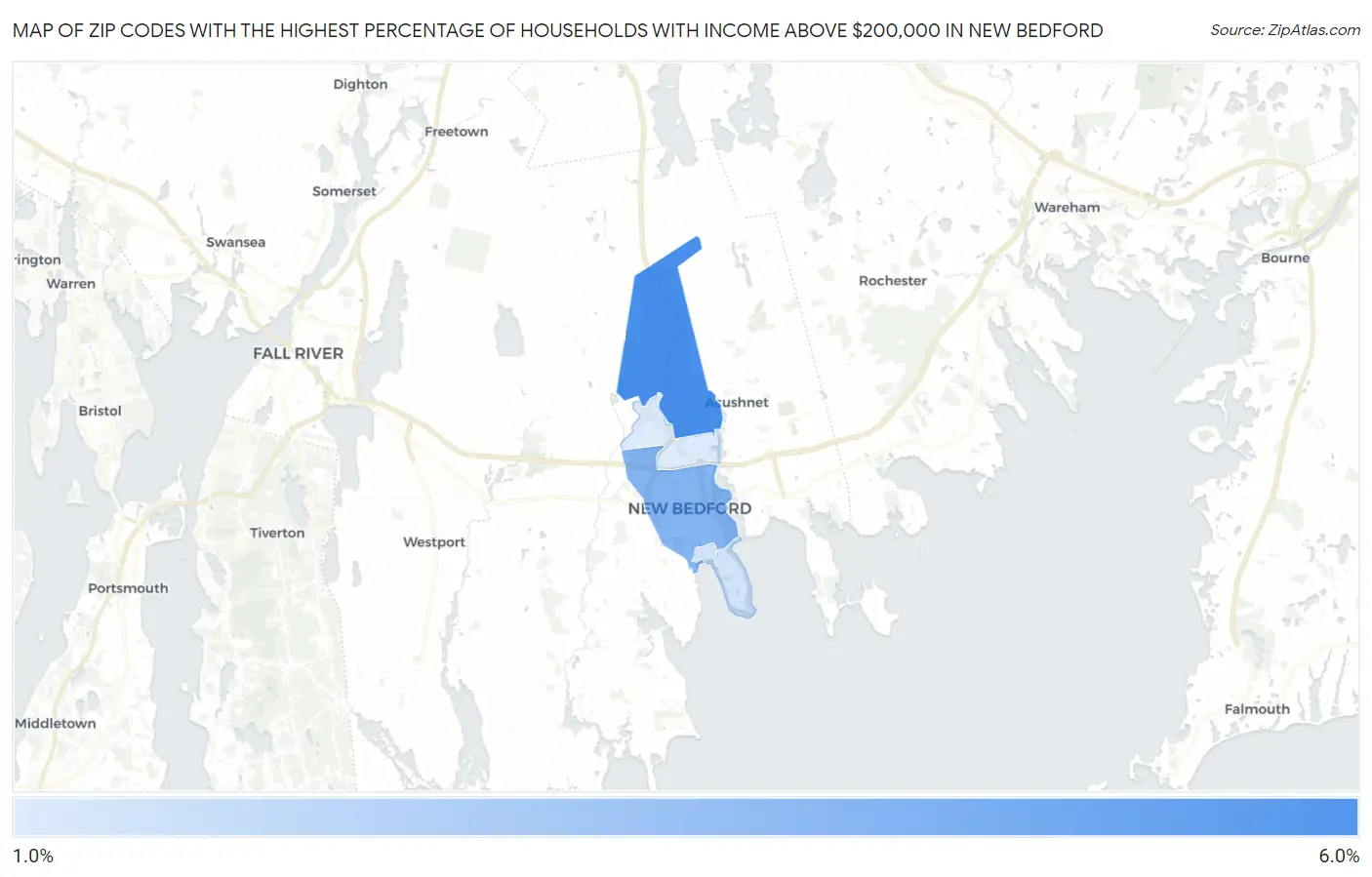 Zip Codes with the Highest Percentage of Households with Income Above $200,000 in New Bedford Map