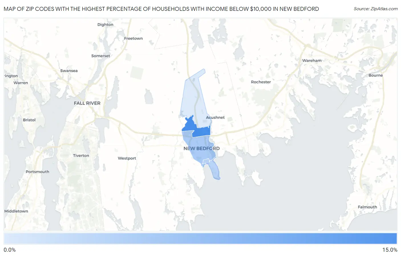 Zip Codes with the Highest Percentage of Households with Income Below $10,000 in New Bedford Map