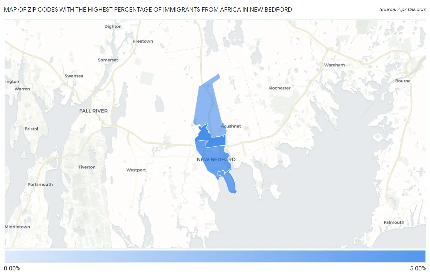 Zip Codes with the Highest Percentage of Immigrants from Africa in New Bedford Map