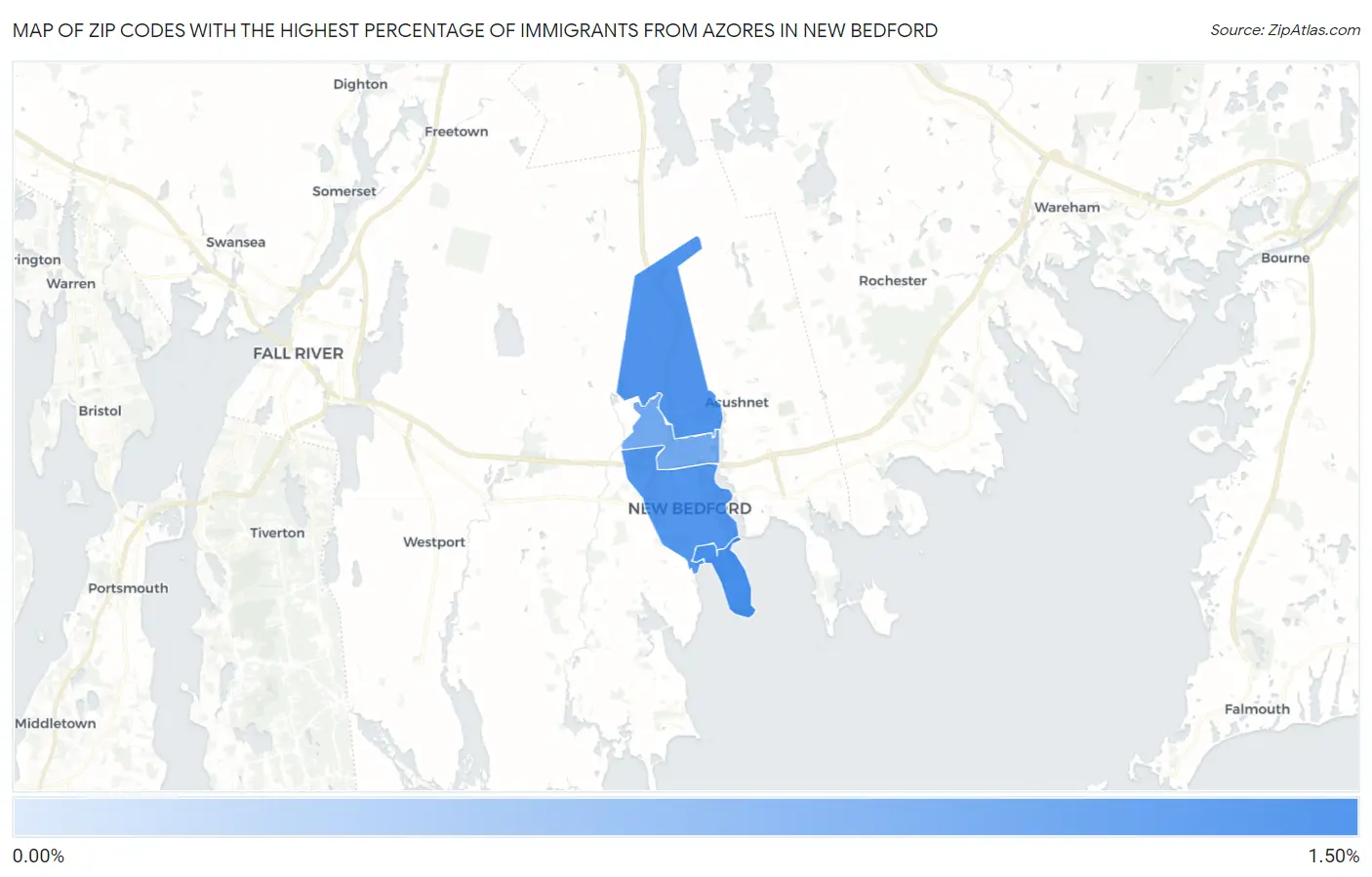 Zip Codes with the Highest Percentage of Immigrants from Azores in New Bedford Map