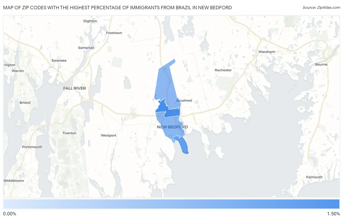 Zip Codes with the Highest Percentage of Immigrants from Brazil in New Bedford Map