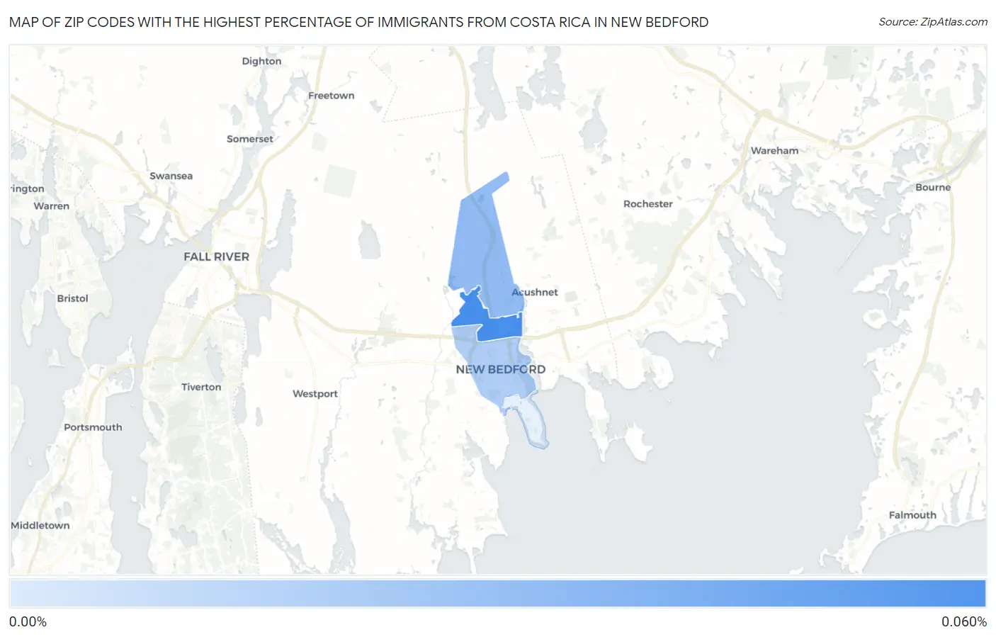 Zip Codes with the Highest Percentage of Immigrants from Costa Rica in New Bedford Map