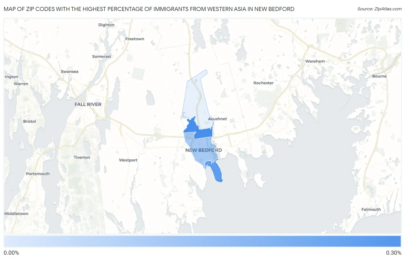 Zip Codes with the Highest Percentage of Immigrants from Western Asia in New Bedford Map