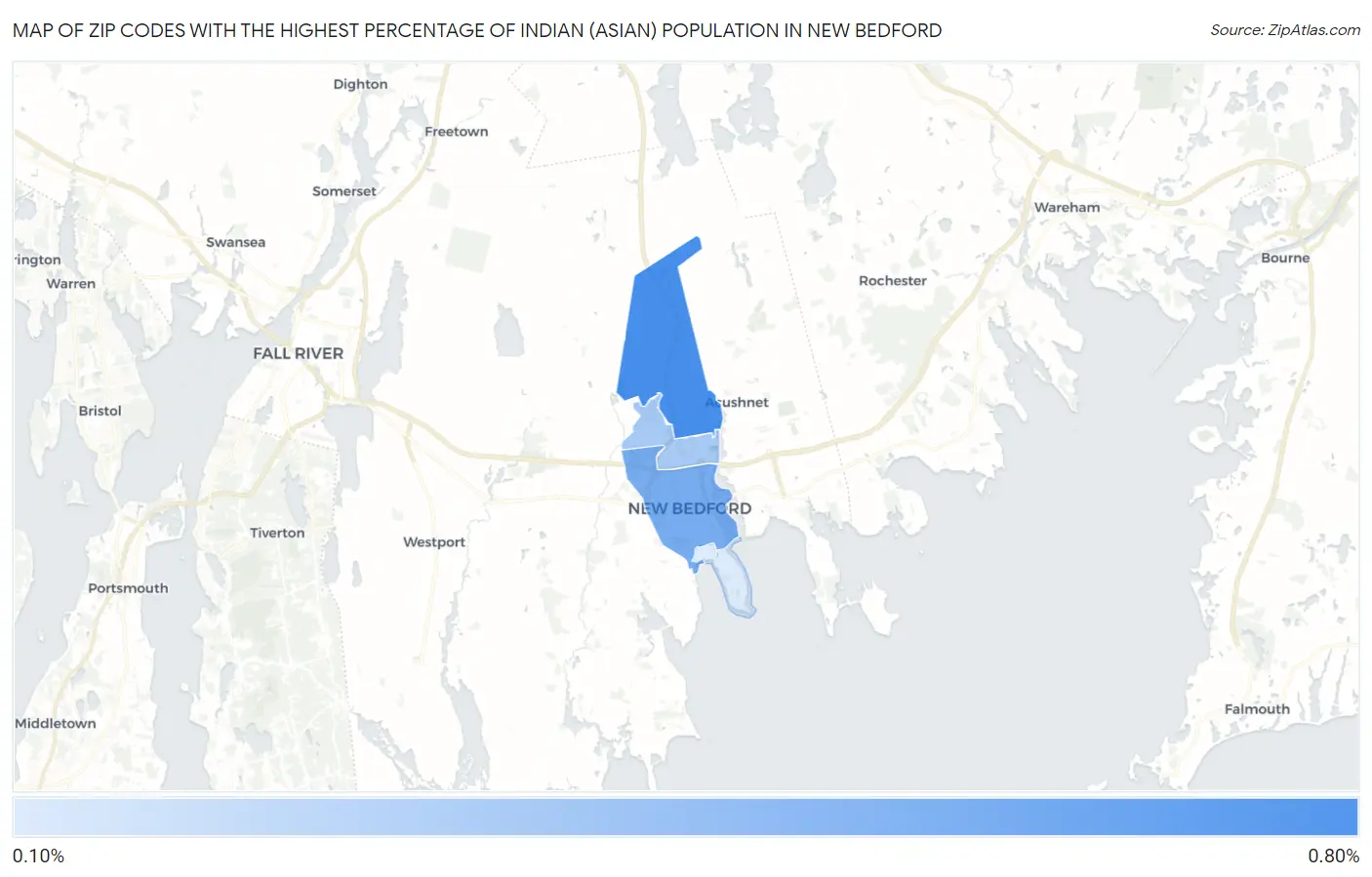 Zip Codes with the Highest Percentage of Indian (Asian) Population in New Bedford Map