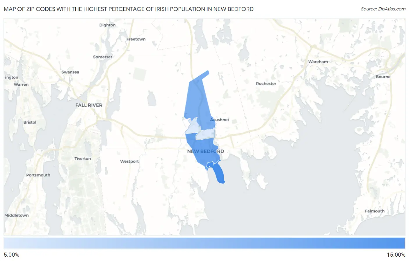 Zip Codes with the Highest Percentage of Irish Population in New Bedford Map