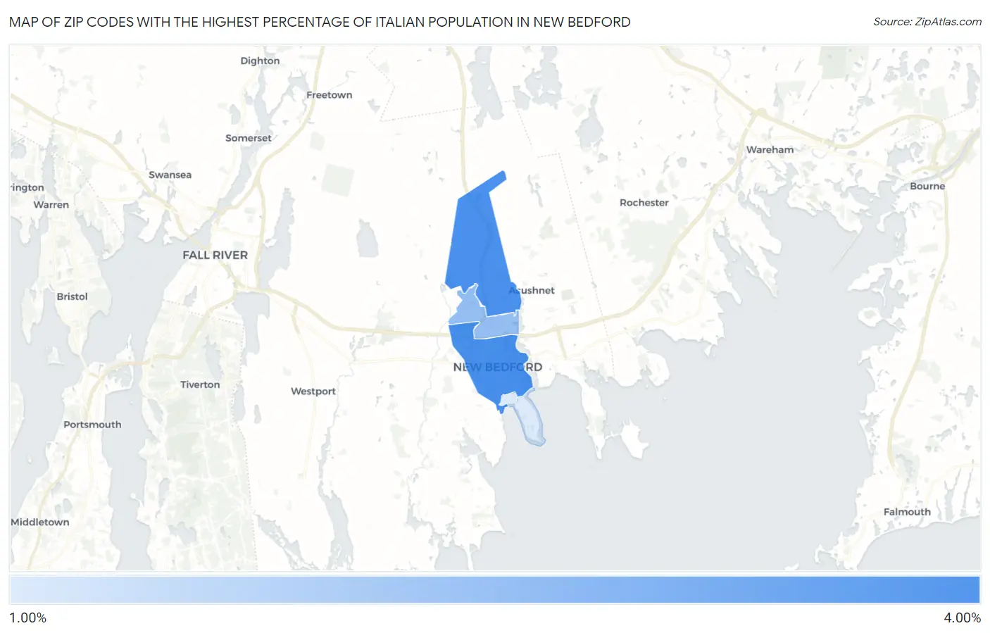 Zip Codes with the Highest Percentage of Italian Population in New Bedford Map