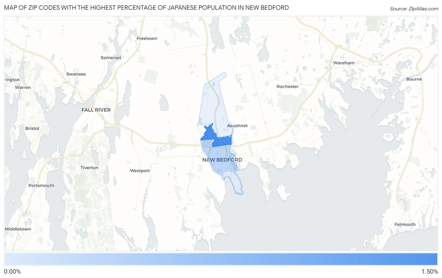 Zip Codes with the Highest Percentage of Japanese Population in New Bedford Map