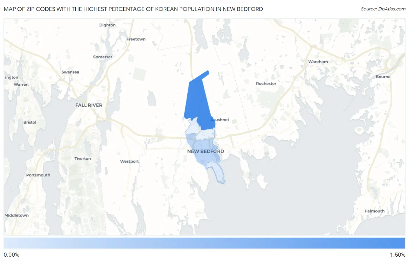 Zip Codes with the Highest Percentage of Korean Population in New Bedford Map