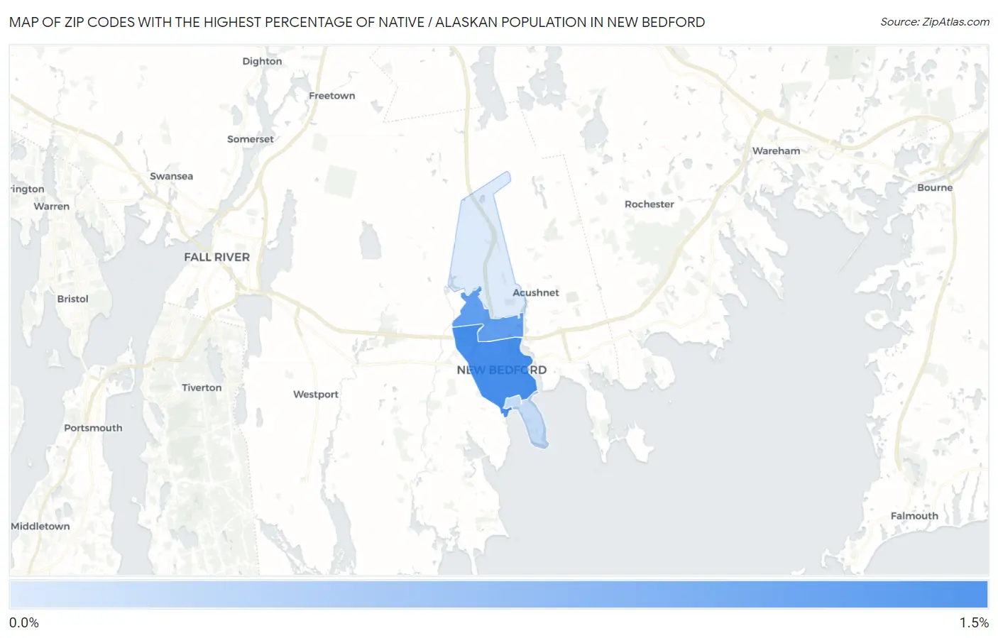 Zip Codes with the Highest Percentage of Native / Alaskan Population in New Bedford Map