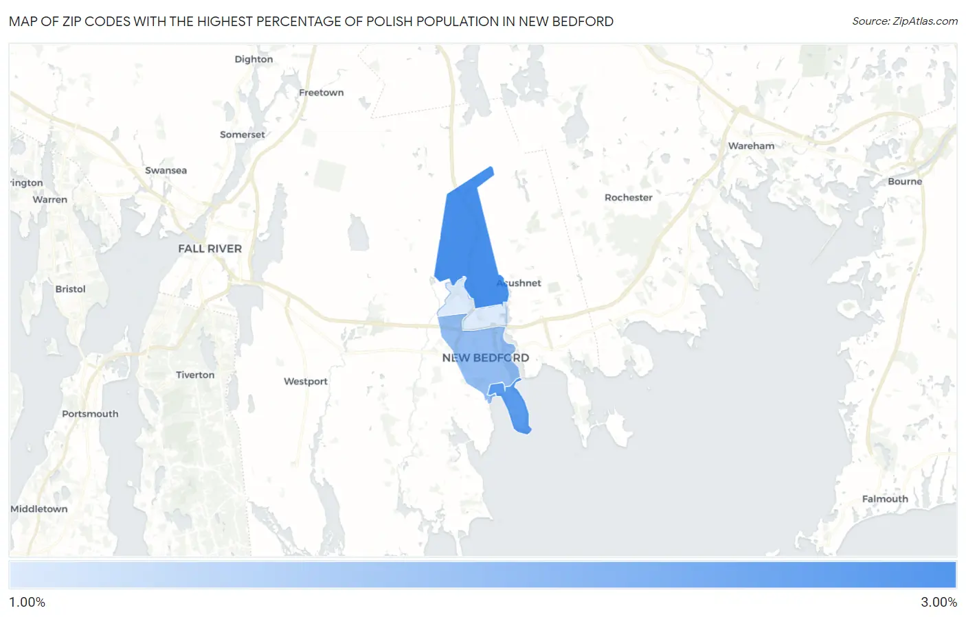 Zip Codes with the Highest Percentage of Polish Population in New Bedford Map