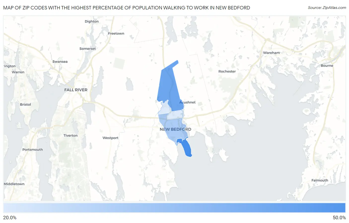 Zip Codes with the Highest Percentage of Population Walking to Work in New Bedford Map