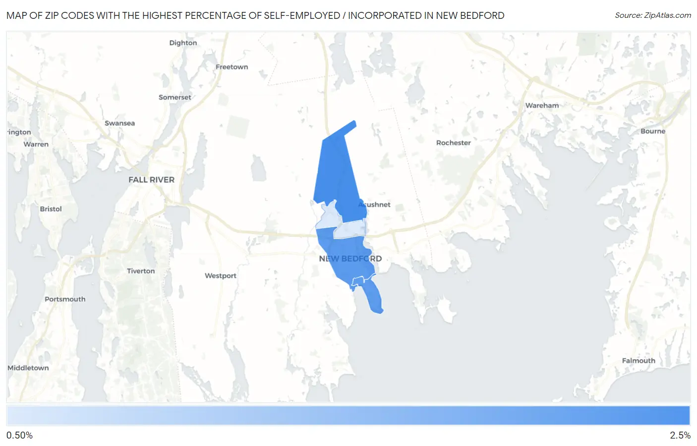 Zip Codes with the Highest Percentage of Self-Employed / Incorporated in New Bedford Map
