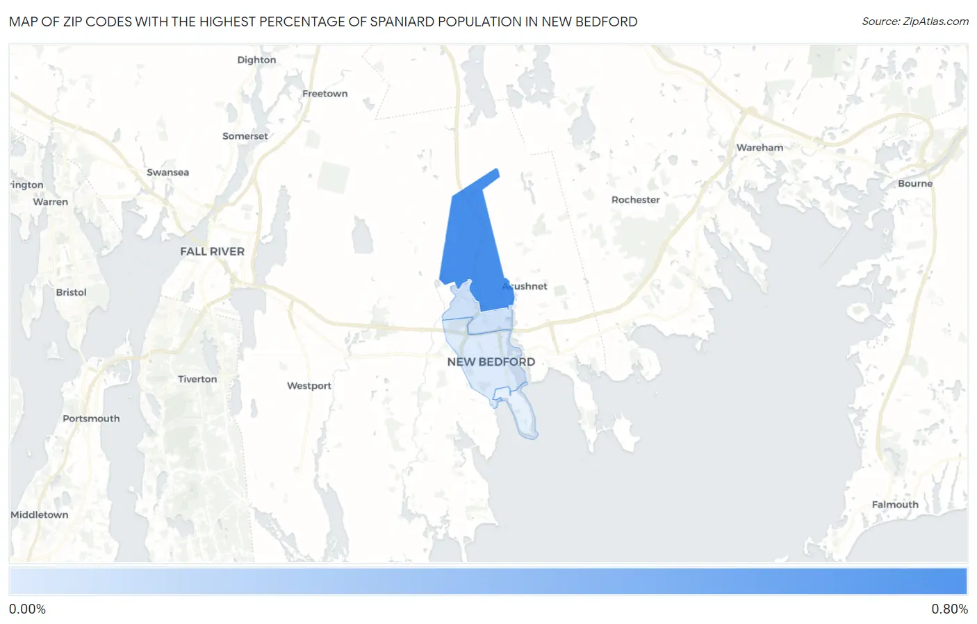 Zip Codes with the Highest Percentage of Spaniard Population in New Bedford Map