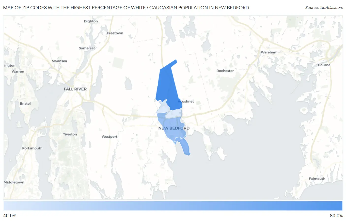 Zip Codes with the Highest Percentage of White / Caucasian Population in New Bedford Map