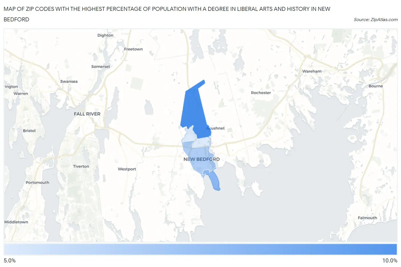 Zip Codes with the Highest Percentage of Population with a Degree in Liberal Arts and History in New Bedford Map