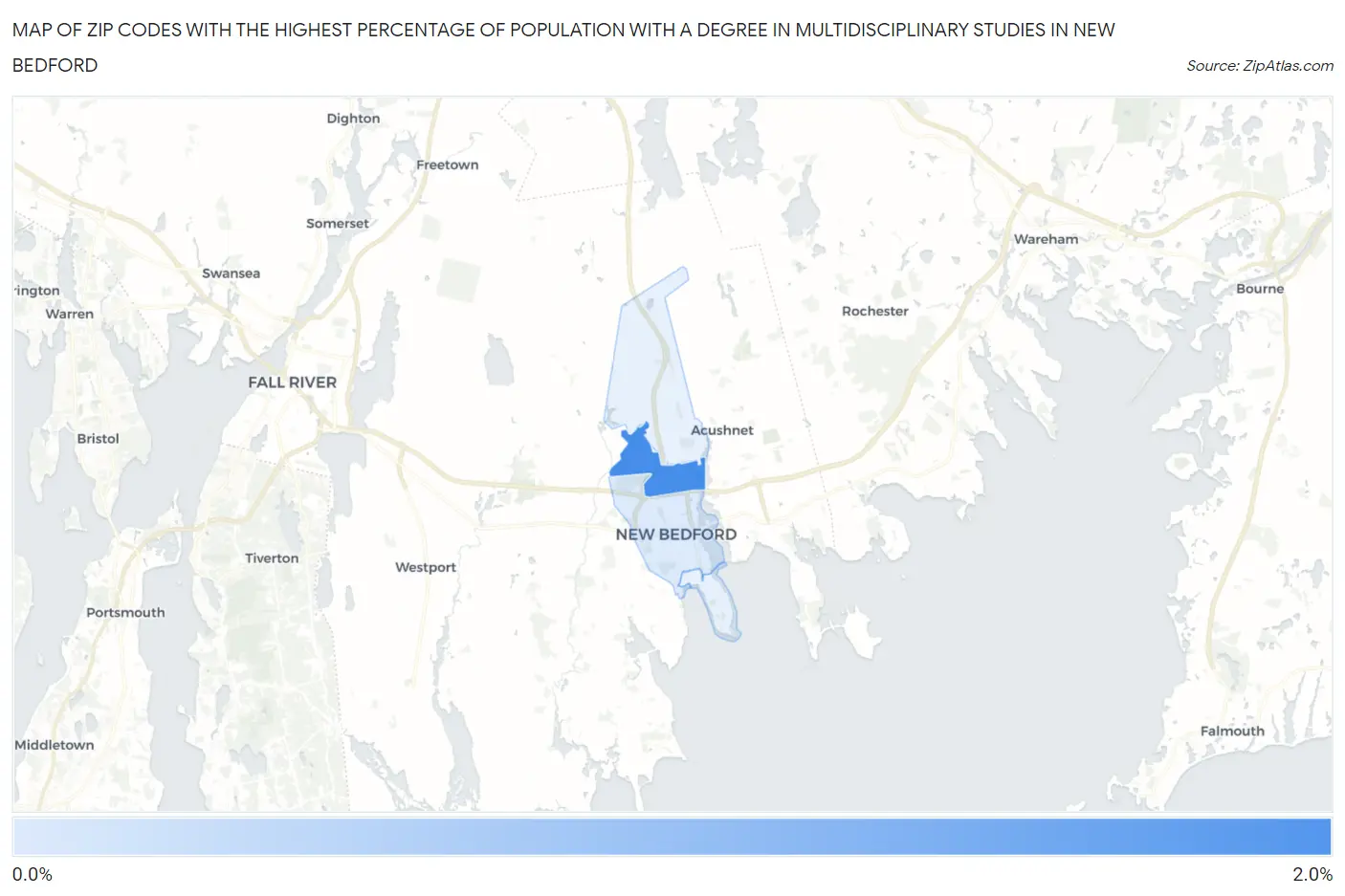 Zip Codes with the Highest Percentage of Population with a Degree in Multidisciplinary Studies in New Bedford Map
