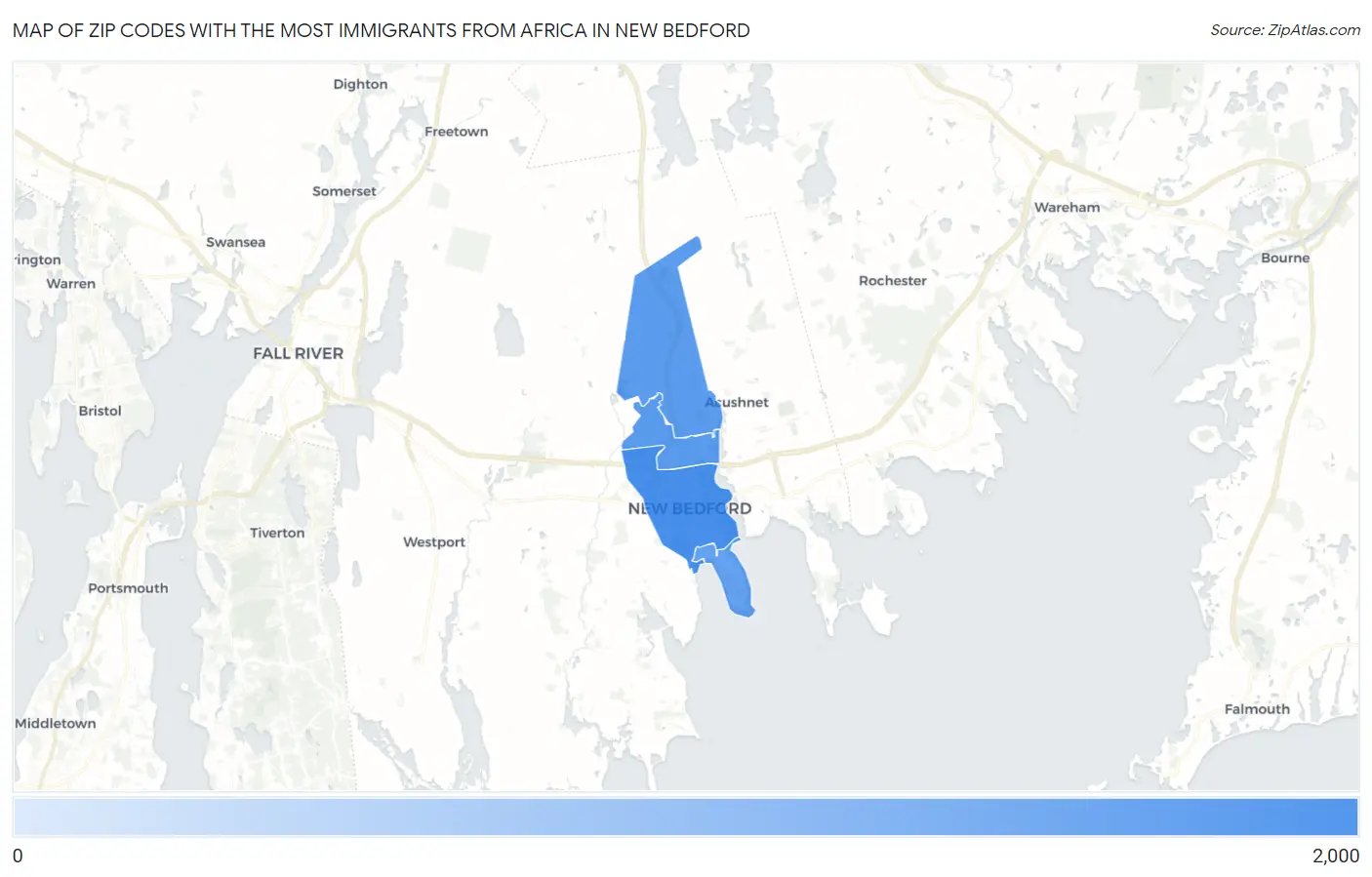 Zip Codes with the Most Immigrants from Africa in New Bedford Map