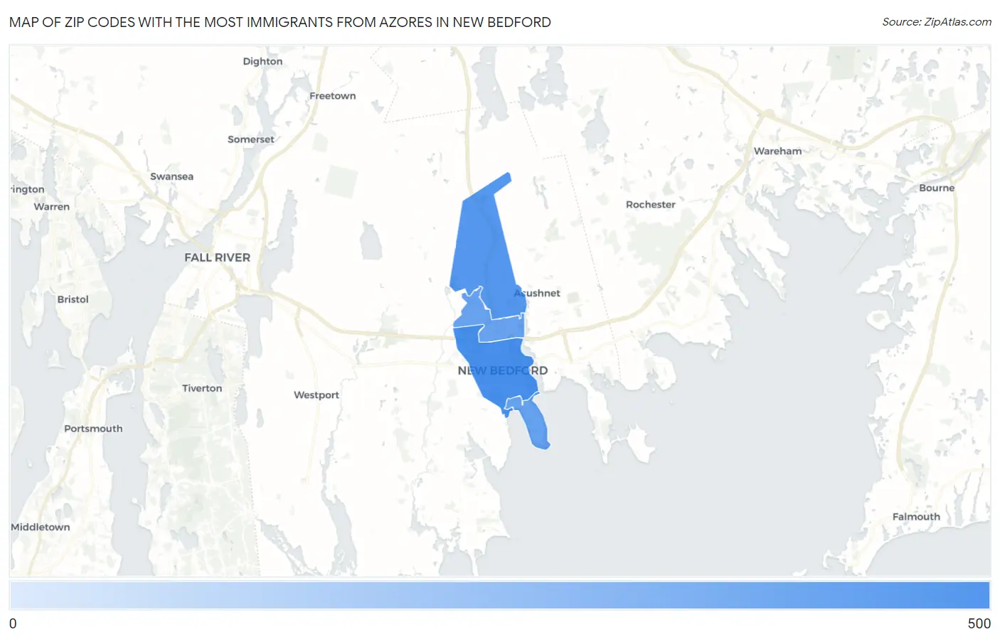 Zip Codes with the Most Immigrants from Azores in New Bedford Map