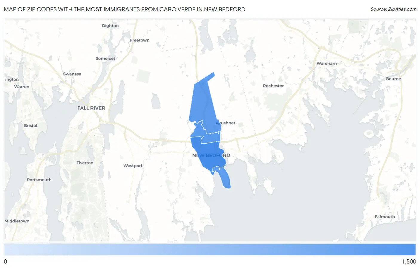Zip Codes with the Most Immigrants from Cabo Verde in New Bedford Map
