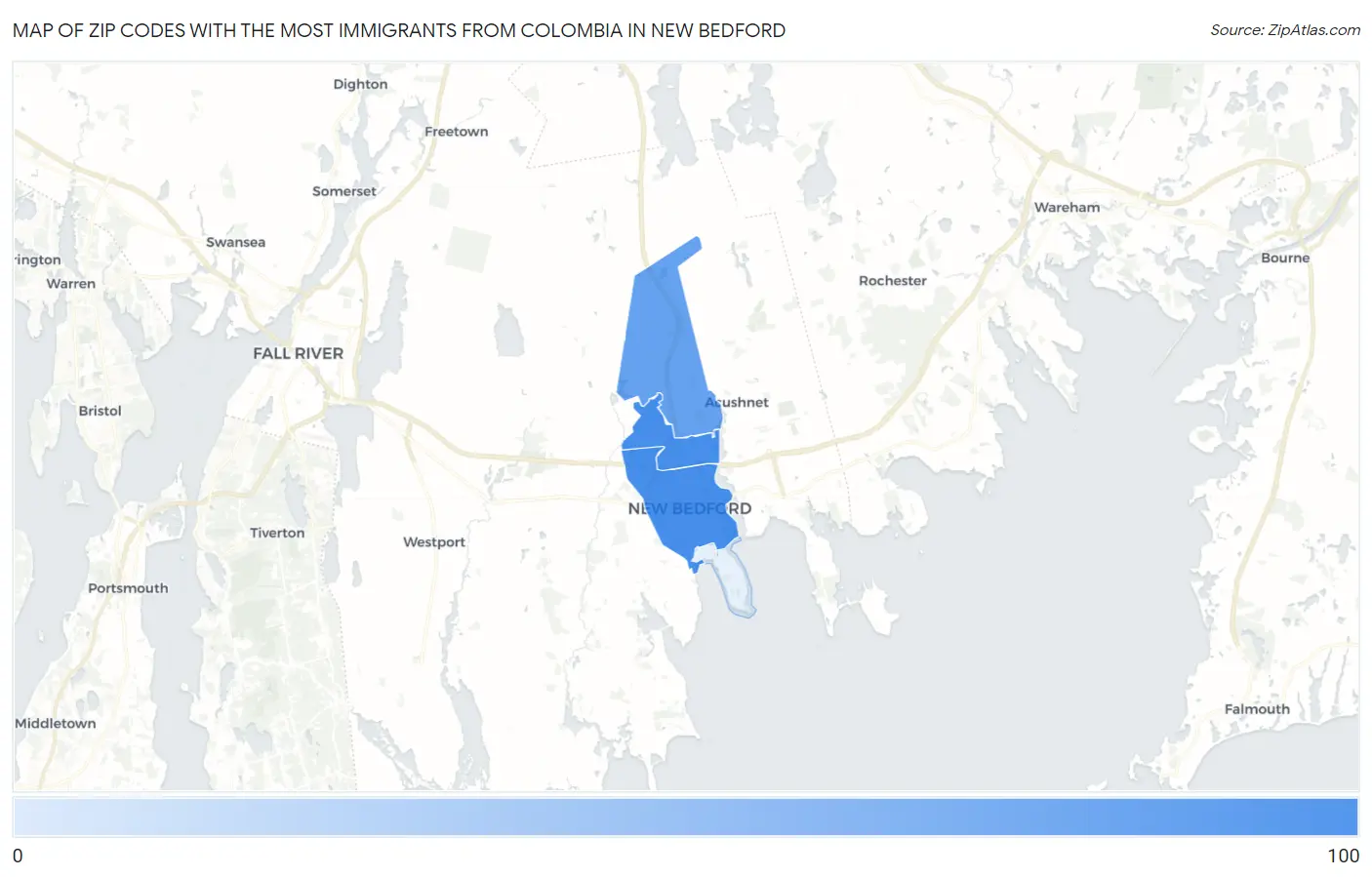 Zip Codes with the Most Immigrants from Colombia in New Bedford Map