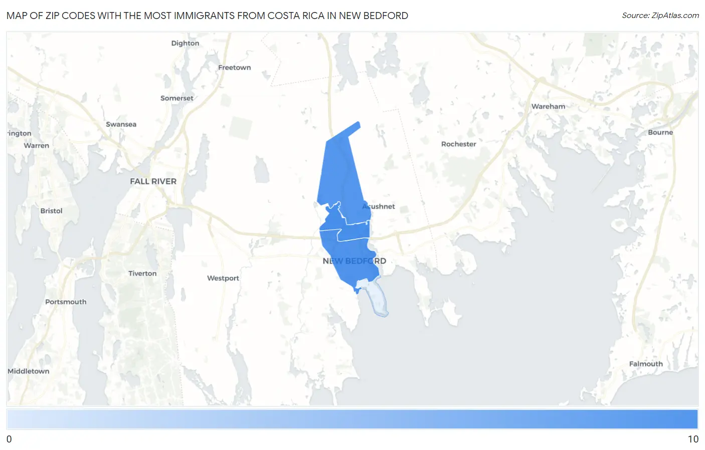 Zip Codes with the Most Immigrants from Costa Rica in New Bedford Map