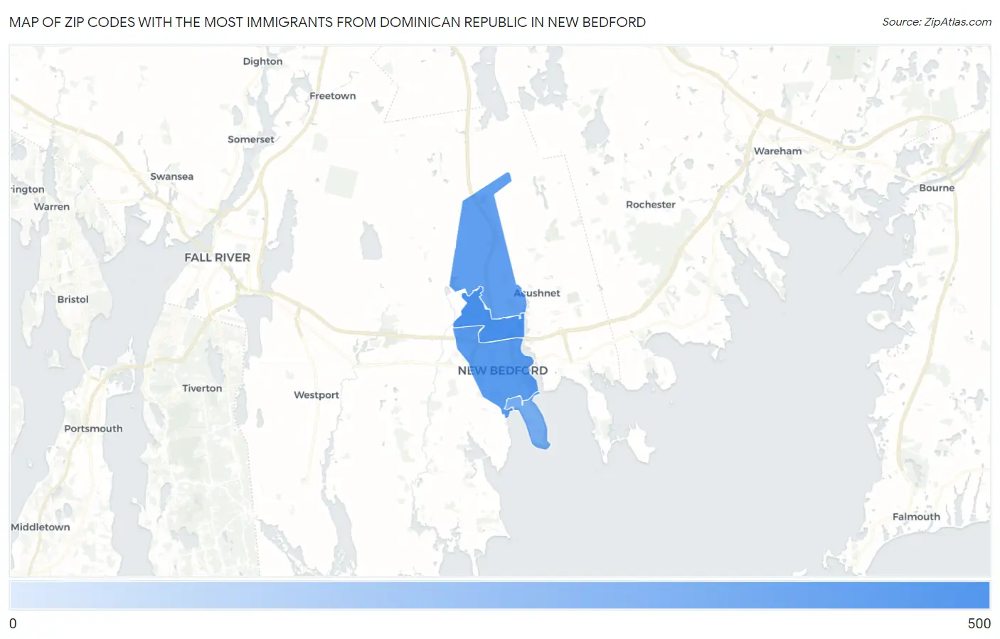 Zip Codes with the Most Immigrants from Dominican Republic in New Bedford Map