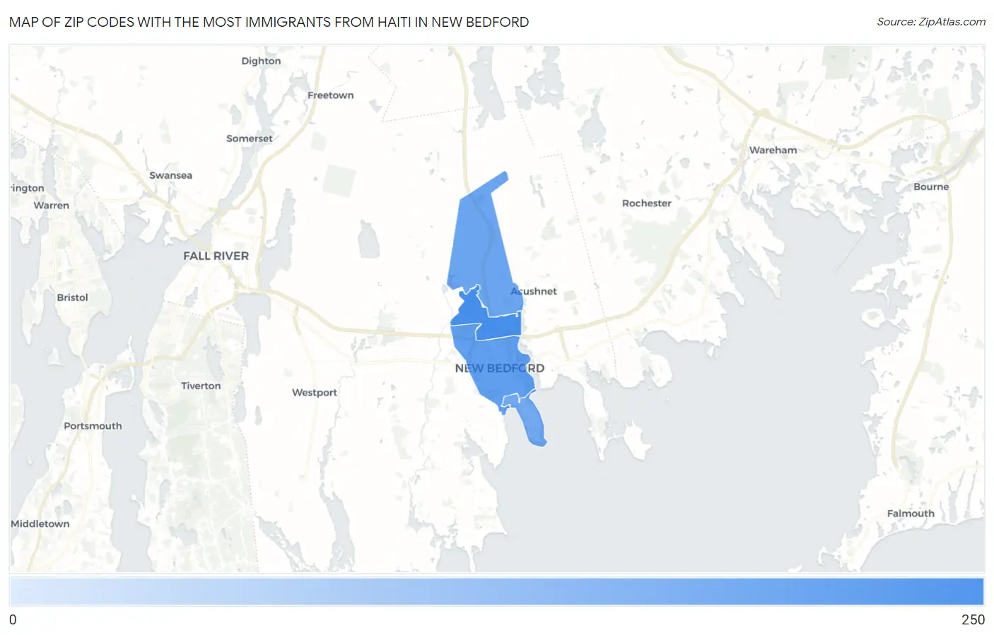 Zip Codes with the Most Immigrants from Haiti in New Bedford Map